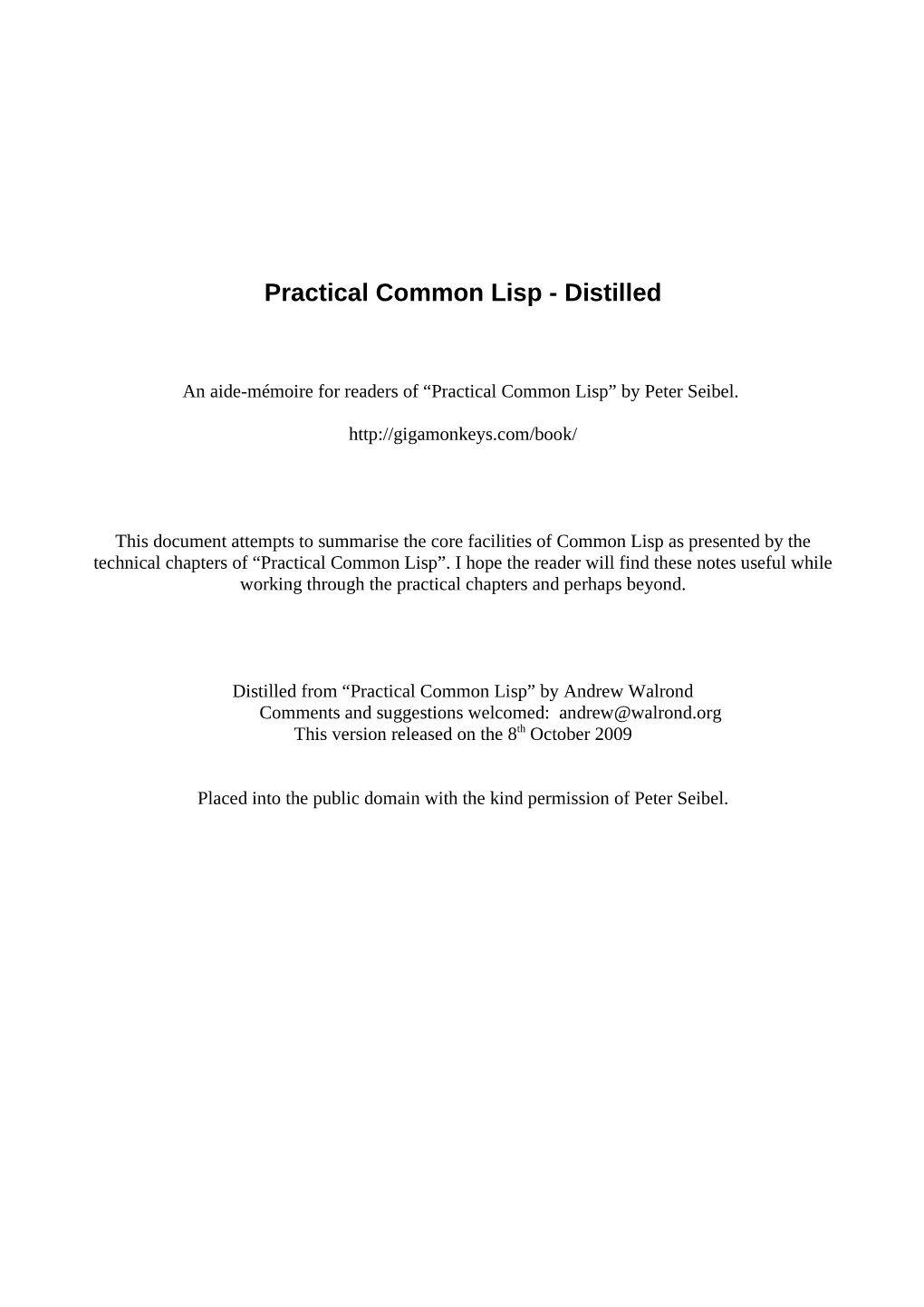 Practical Common Lisp - Distilled