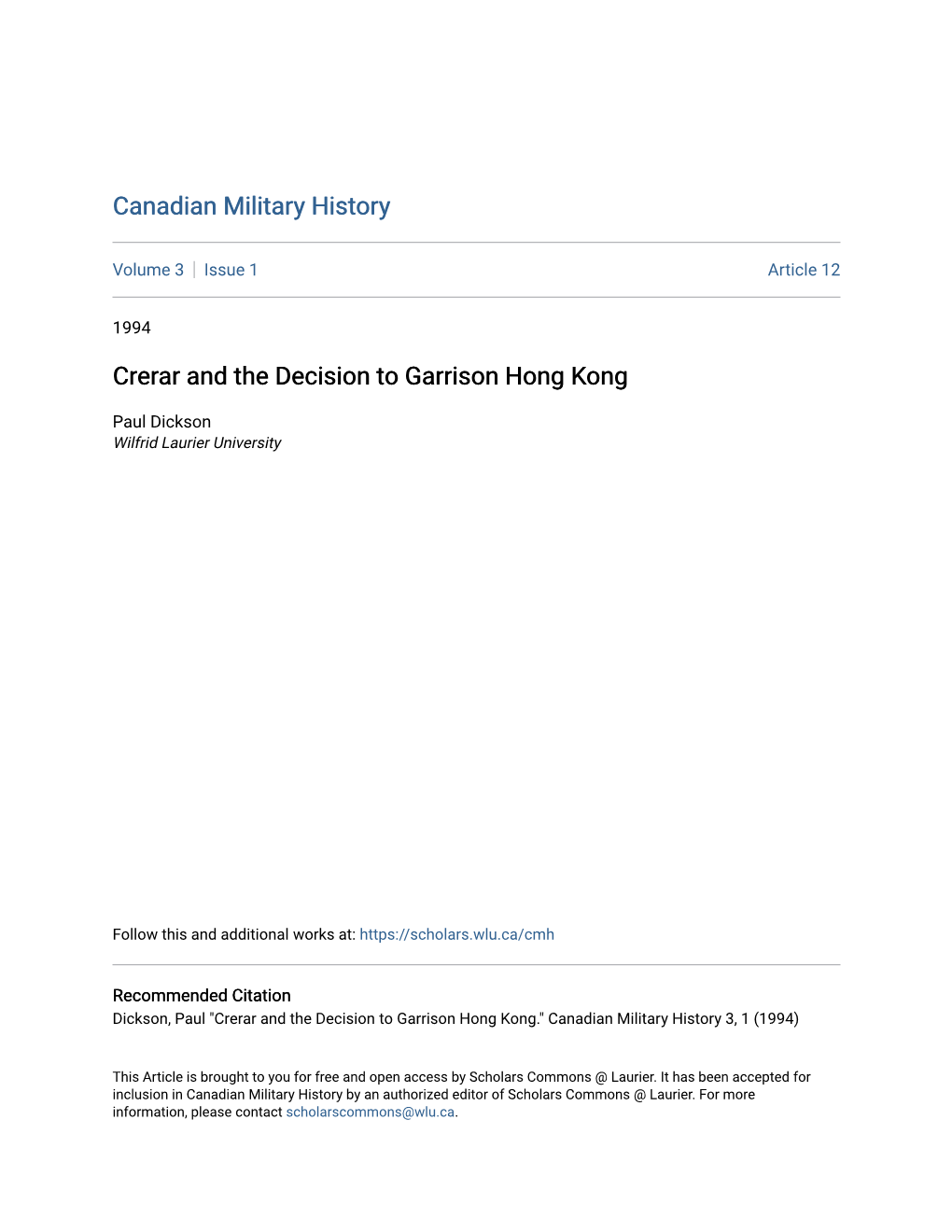 Crerar and the Decision to Garrison Hong Kong
