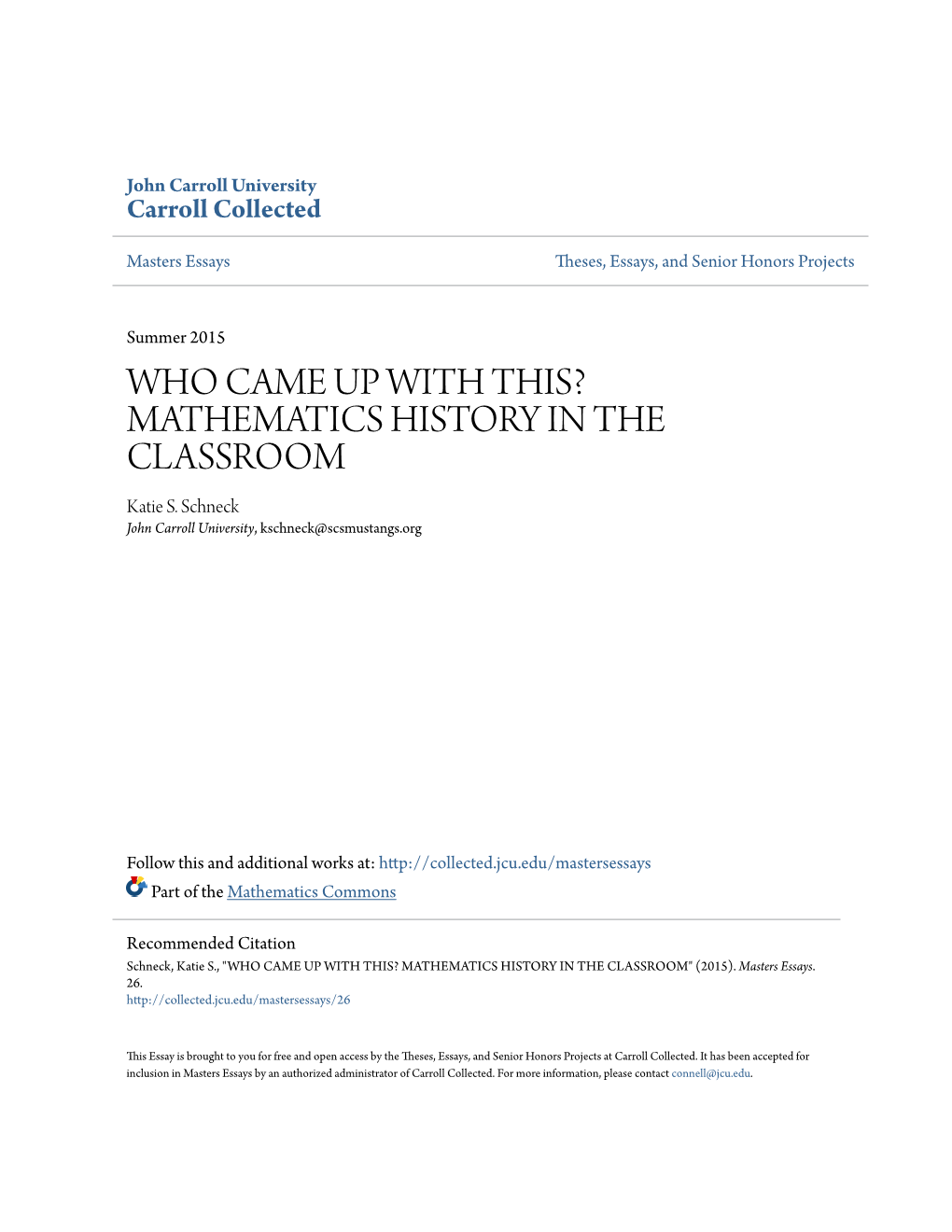 MATHEMATICS HISTORY in the CLASSROOM Katie S