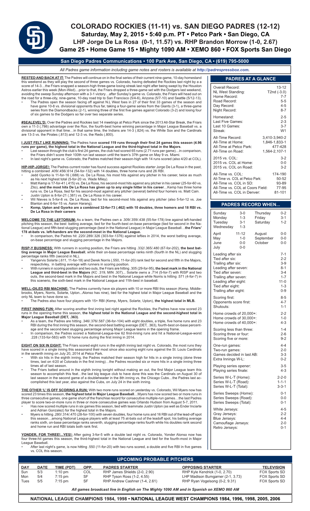 Vs. SAN DIEGO PADRES (12-12) Saturday, May 2, 2015 • 5:40 P.M