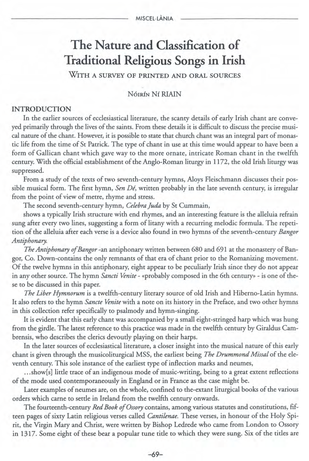 The Nature and Classification of Traditional Religious Songs in Irish with a SURVEYOF PRINTED and ORAL SOURCES