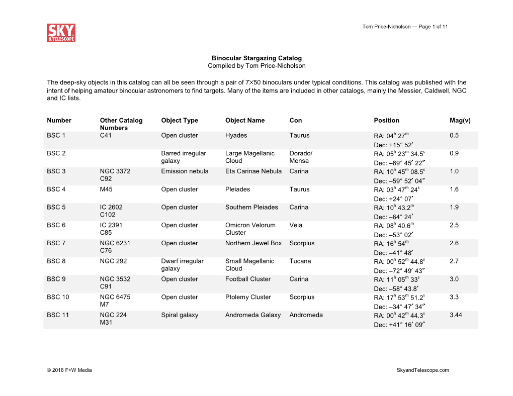 Binocular Stargazing Catalog Compiled by Tom Price-Nicholson