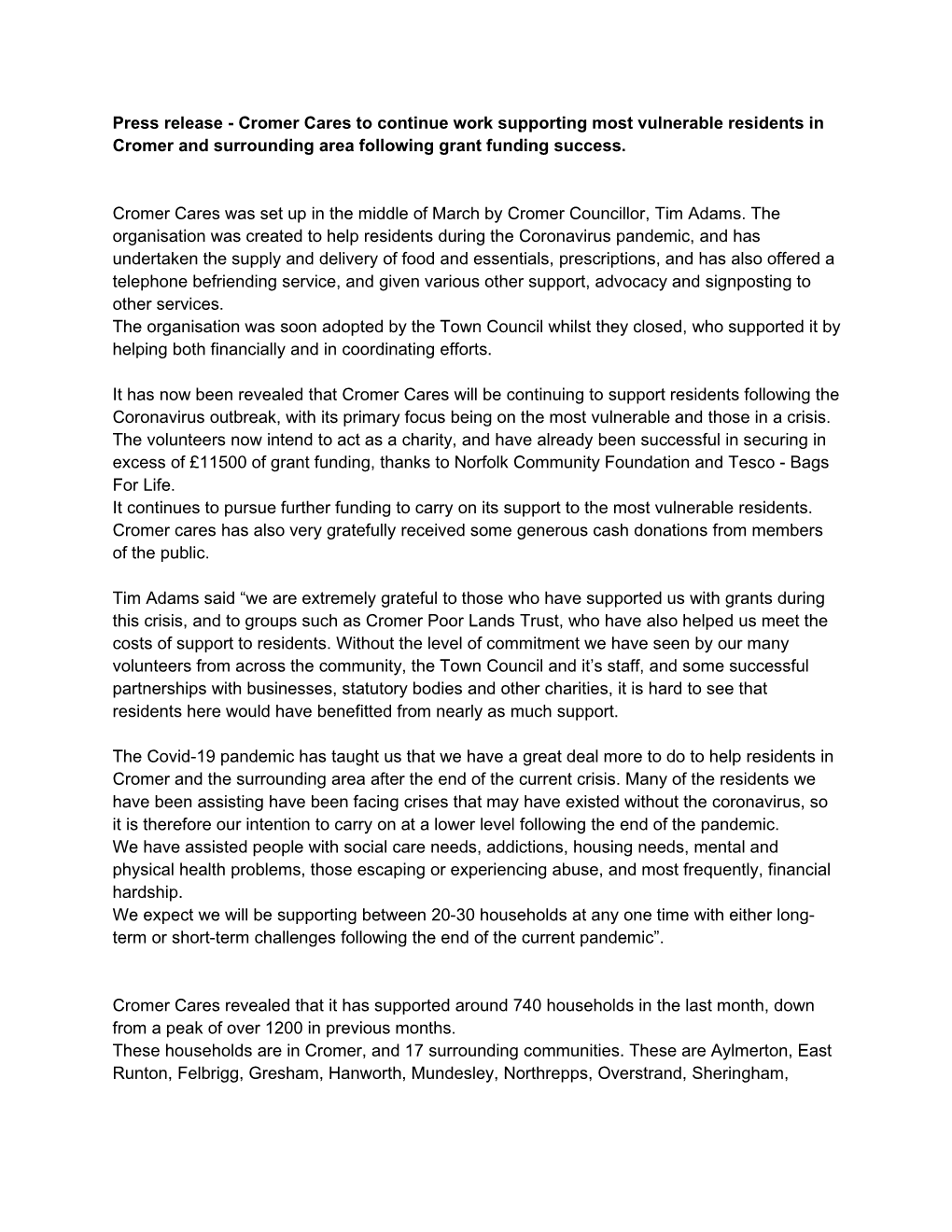 Press Release - Cromer Cares to Continue Work Supporting Most Vulnerable Residents in Cromer and Surrounding Area Following Grant Funding Success