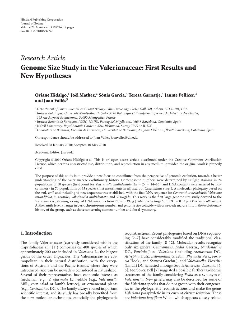 Research Article Genome Size Study in the Valerianaceae: First Results and New Hypotheses