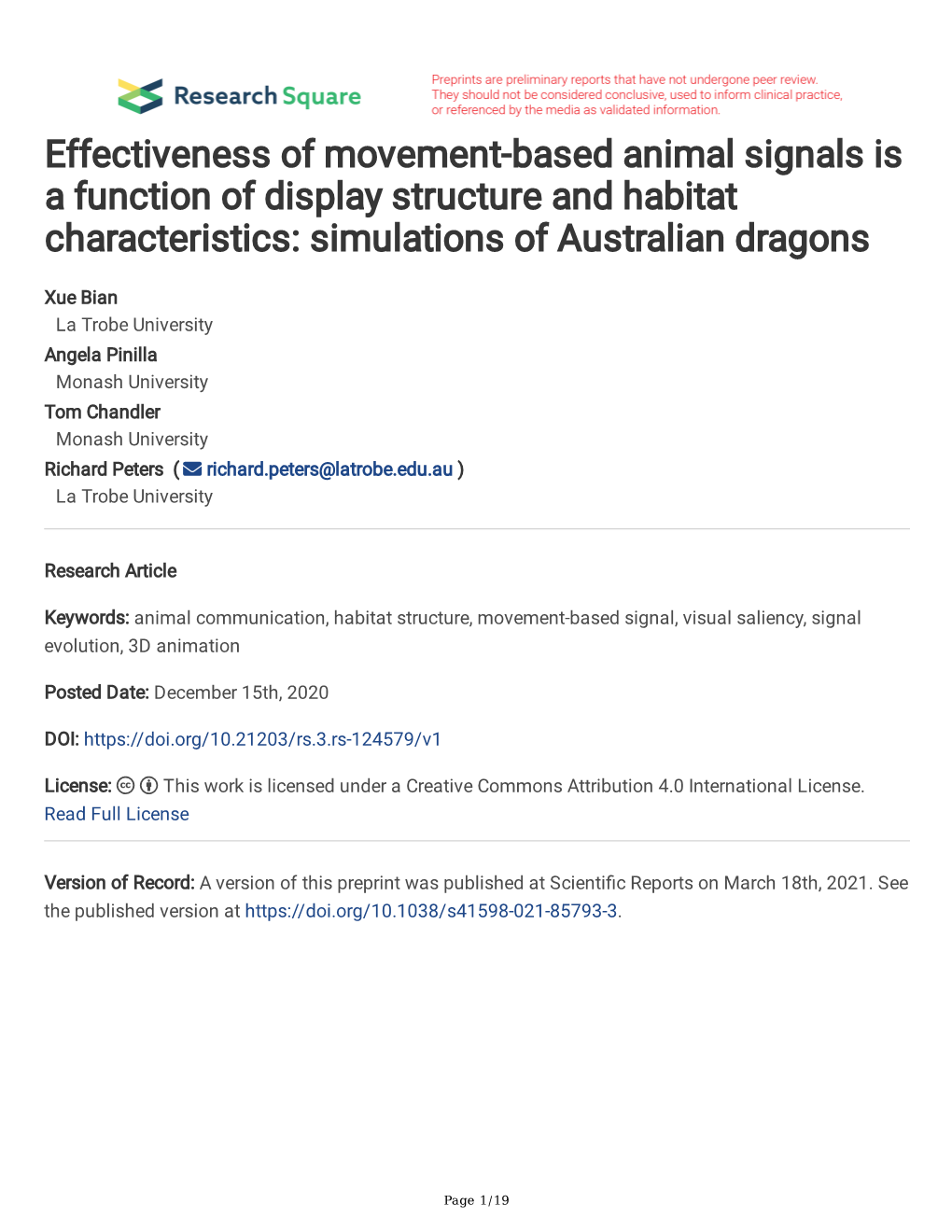 Effectiveness of Movement-Based Animal Signals Is a Function of Display Structure and Habitat Characteristics: Simulations of Australian Dragons