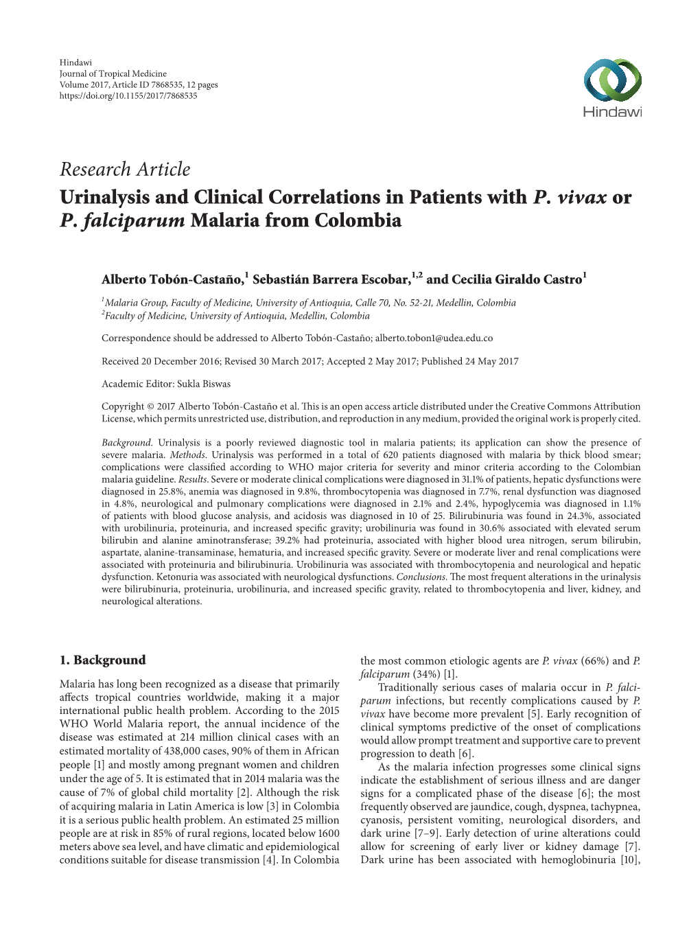 Urinalysis and Clinical Correlations in Patients with P. Vivax Or P