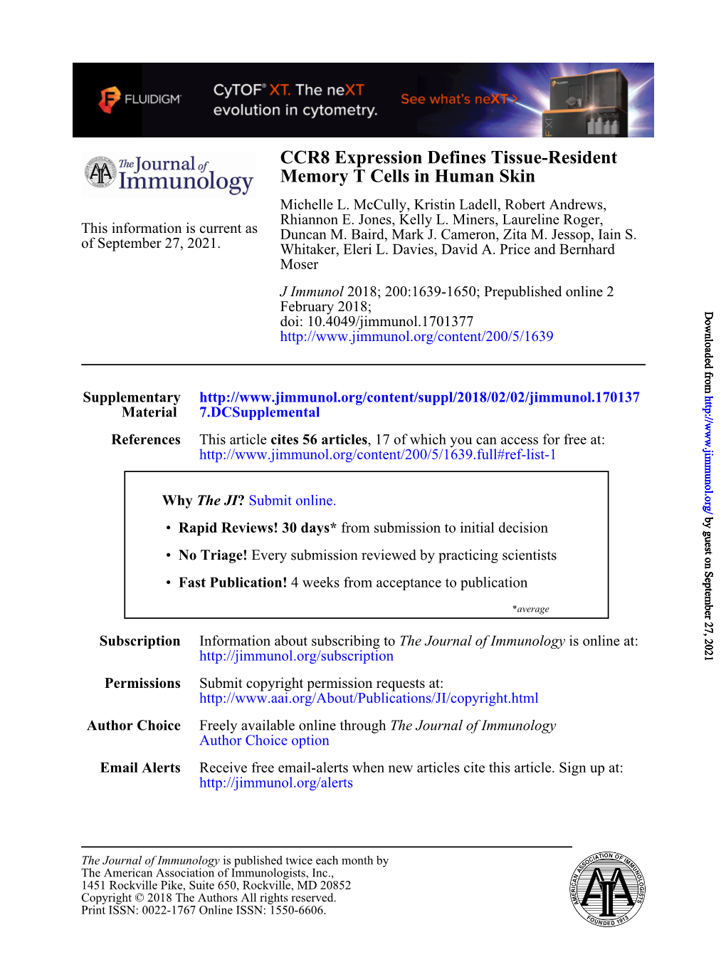 CCR8 Expression Defines Tissue-Resident Memory T Cells in Human Skin Michelle L