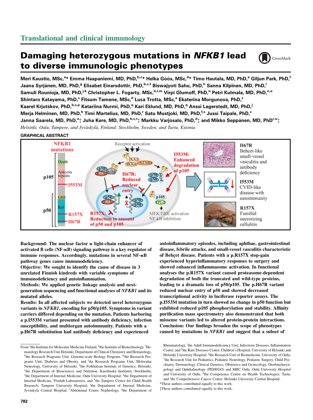 Damaging Heterozygous Mutations in NFKB1 Lead to Diverse Immunologic Phenotypes