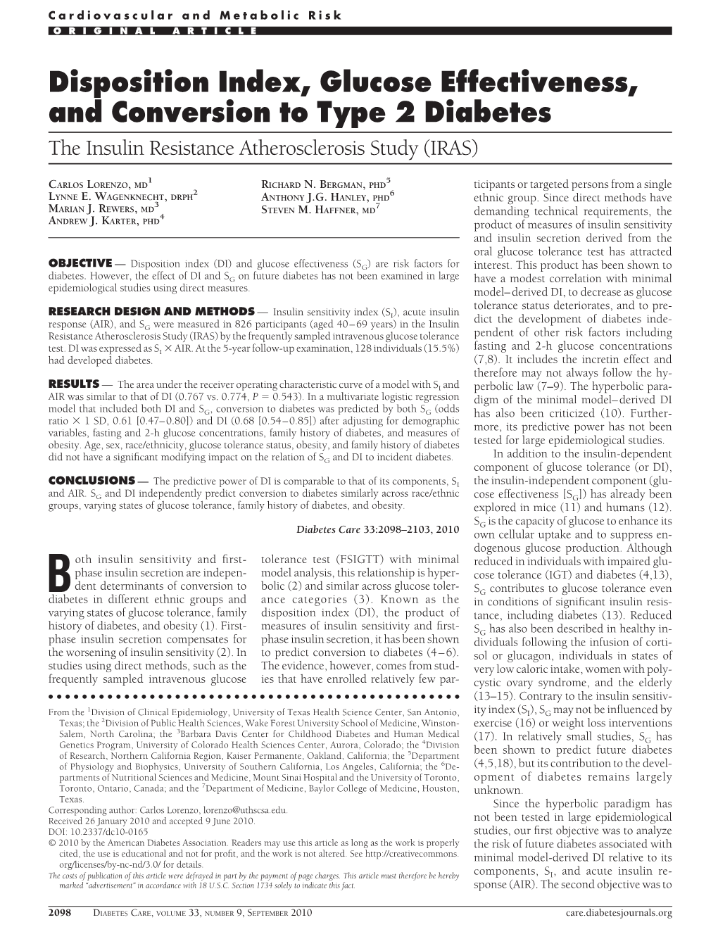 Disposition Index, Glucose Effectiveness, and Conversion to Type 2 Diabetes the Insulin Resistance Atherosclerosis Study (IRAS)