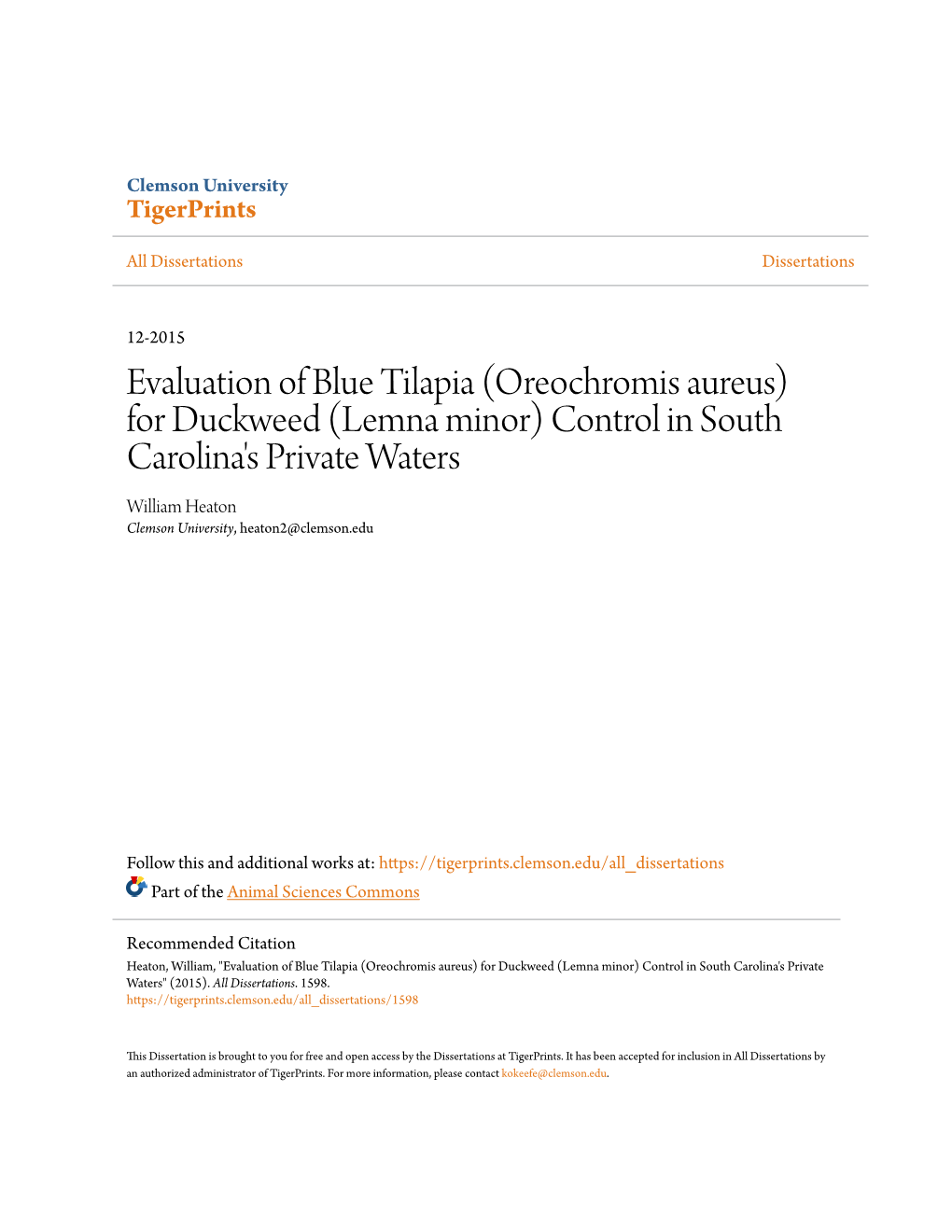 Evaluation of Blue Tilapia (Oreochromis Aureus) for Duckweed