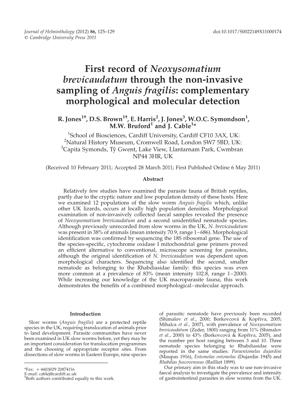 First Record of Neoxysomatium Brevicaudatum Through the Non-Invasive Sampling of Anguis Fragilis: Complementary Morphological and Molecular Detection