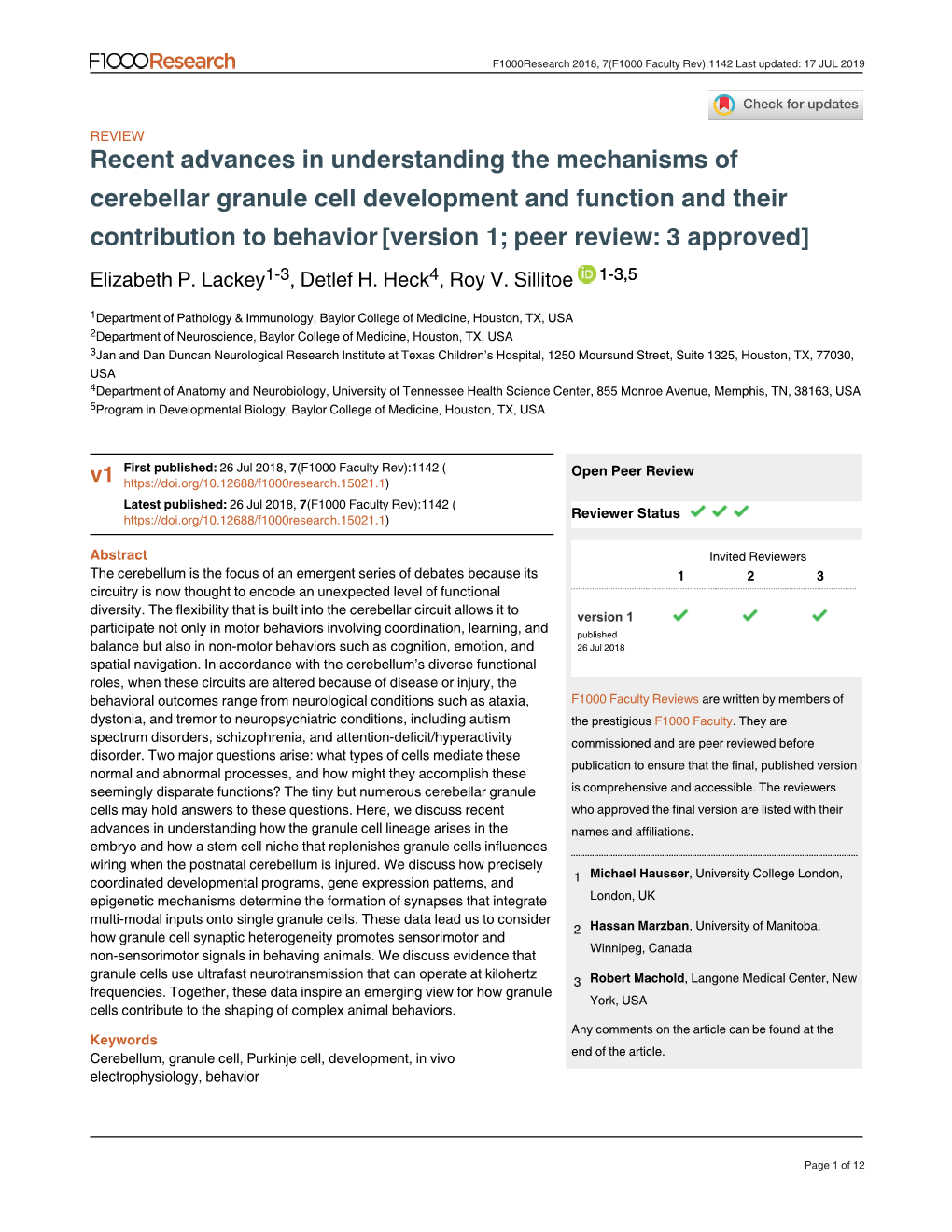 Recent Advances in Understanding the Mechanisms of Cerebellar