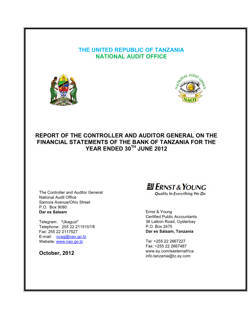 Bank of Tanzania for the Year Ended 30Th June 2012