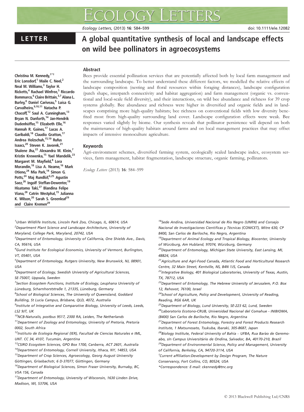 A Global Quantitative Synthesis of Local and Landscape Effects on Wild Bee Pollinators in Agroecosystems