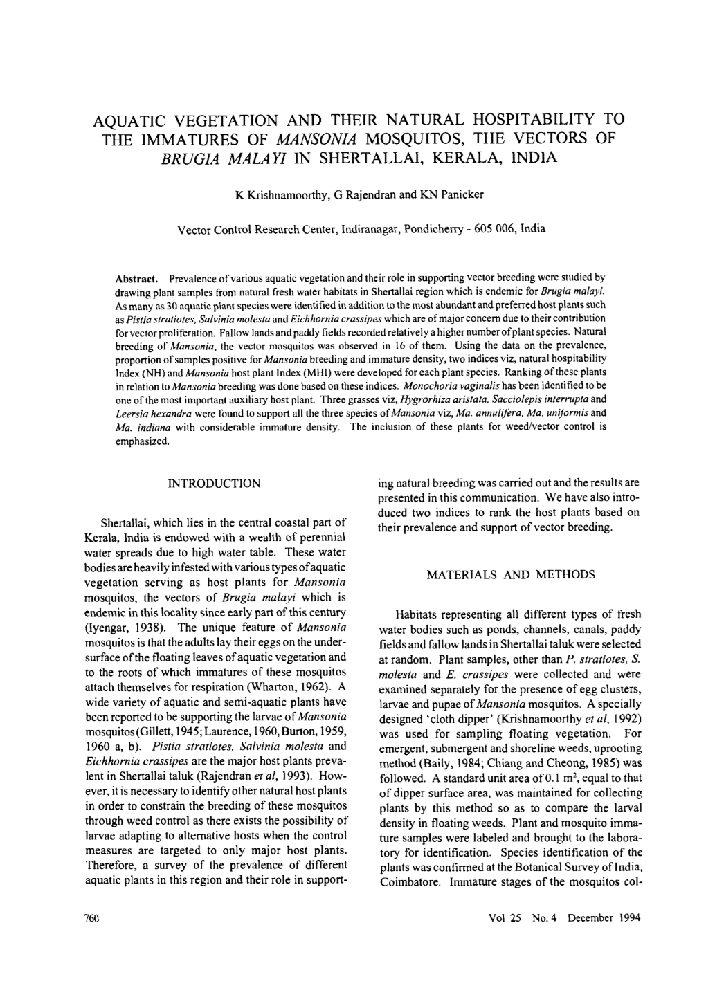 Aquatic Vegetation and Their Natural Hospitability to the Immatures of Mansonia Mosquitos, the Vectors of Brugia Malayi in Shertallai, Kerala, India