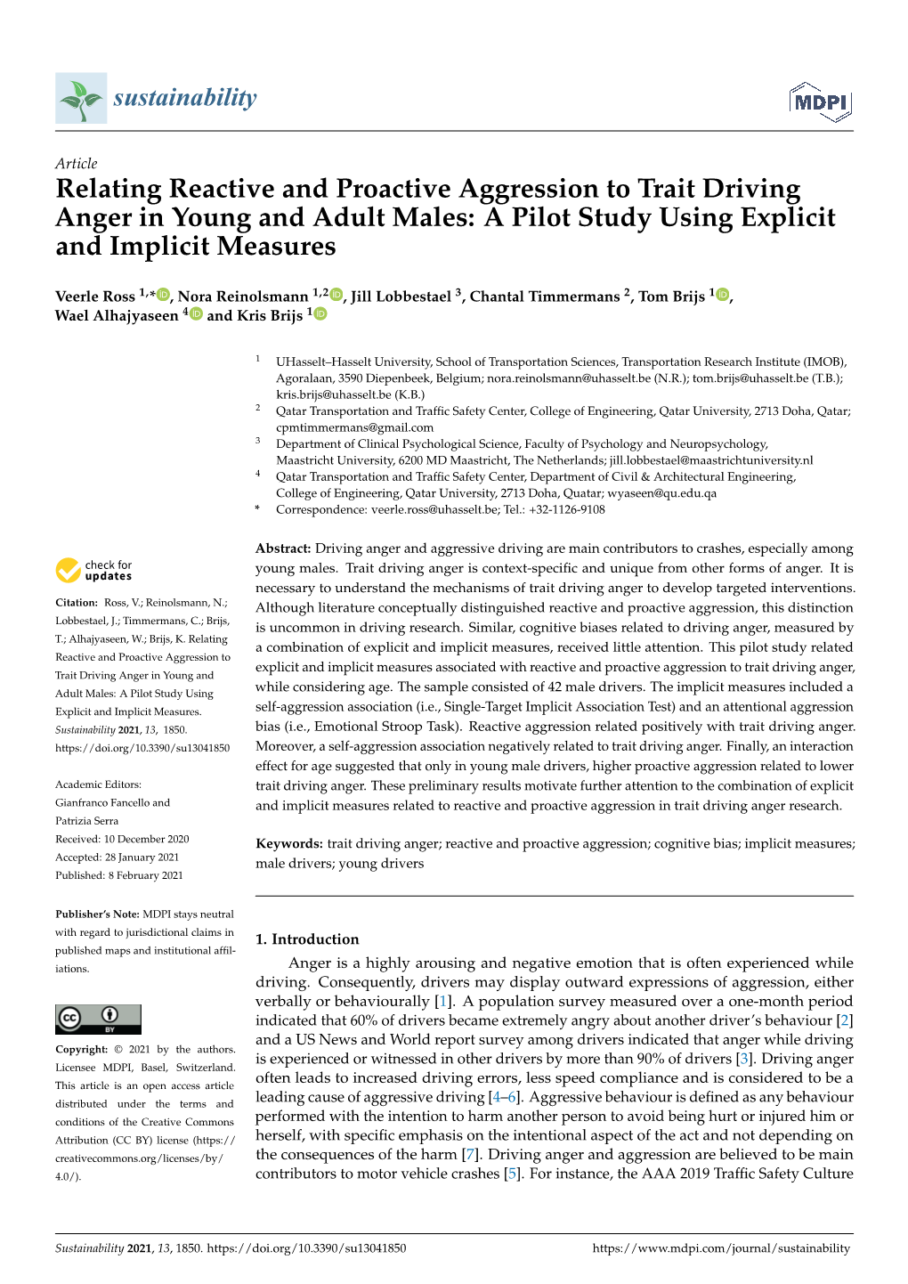 Relating Reactive and Proactive Aggression to Trait Driving Anger in Young and Adult Males: a Pilot Study Using Explicit and Implicit Measures