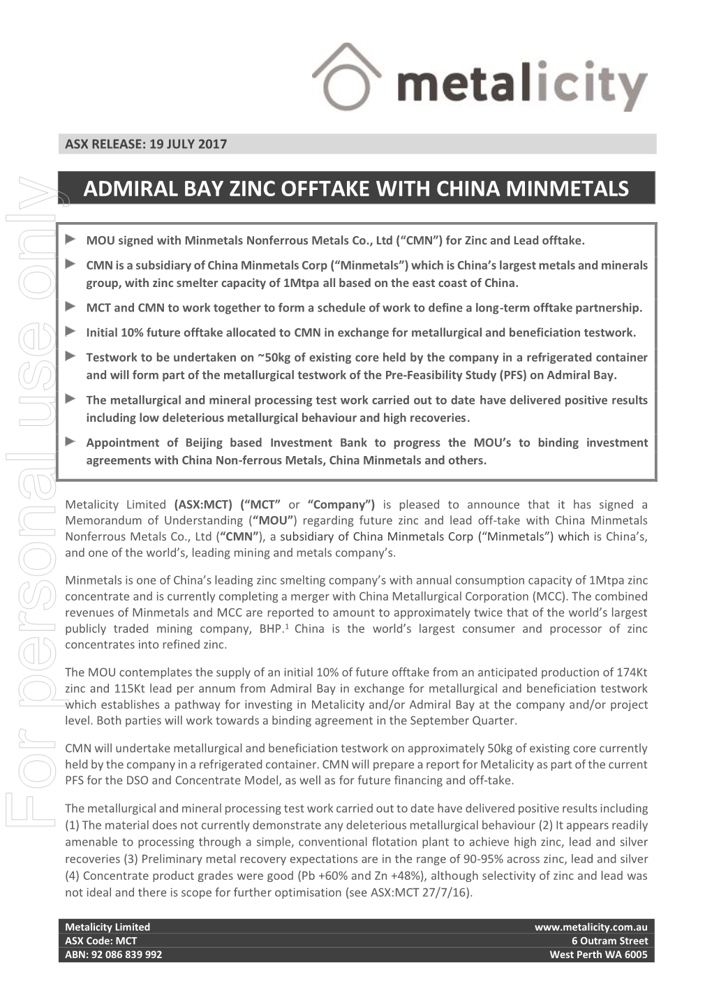 Admiral Bay Zinc Offtake with China Minmetals