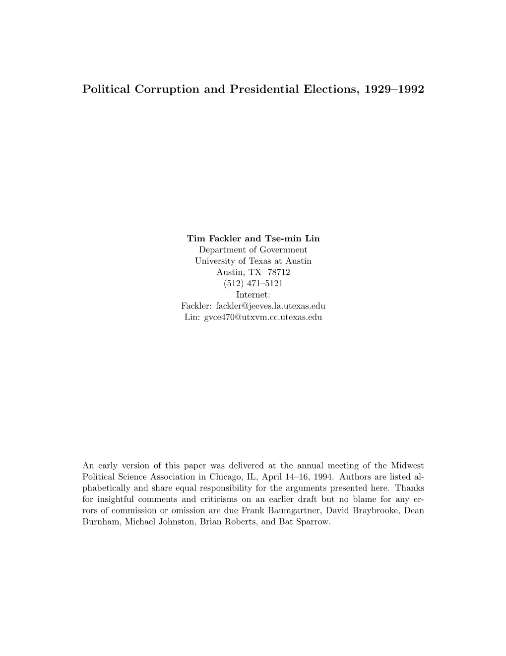 Political Corruption and Presidential Elections, 1929–1992