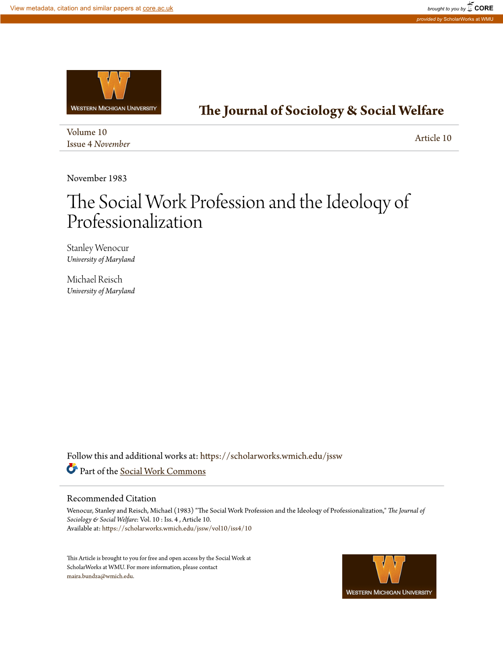 The Social Work Profession and the Ideoloqy of Professionalization