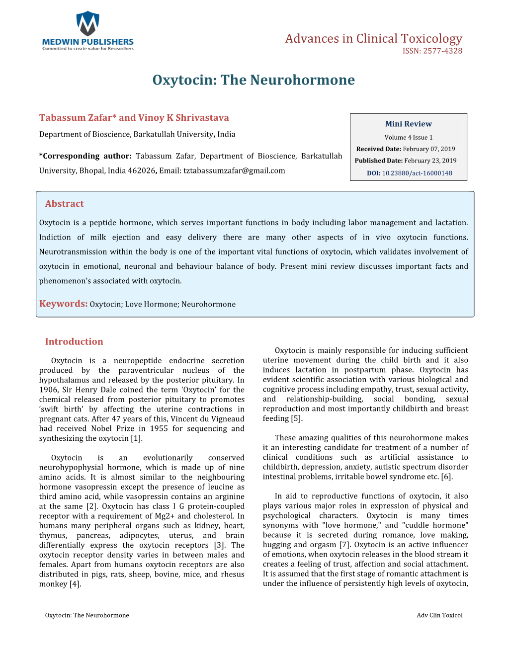 Tabassum Zafar and Vinoy K Shrivastava. Oxytocin: the Neurohormone. Adv Clin Toxicol 2019, 4(1): 000148