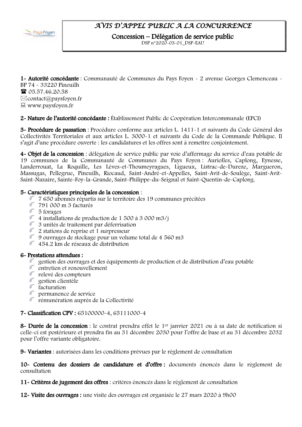 Concession – Délégation De Service Public DSP N°2020-03-01 DSP-EAU