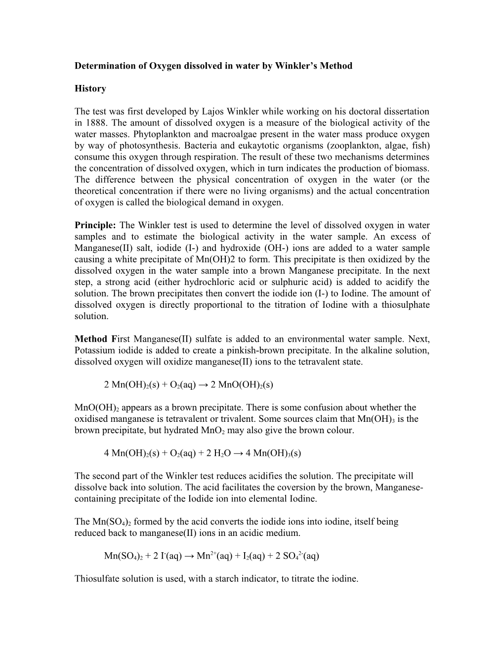 Determination of Oxygen Dissolved in Water by Winkler S Method