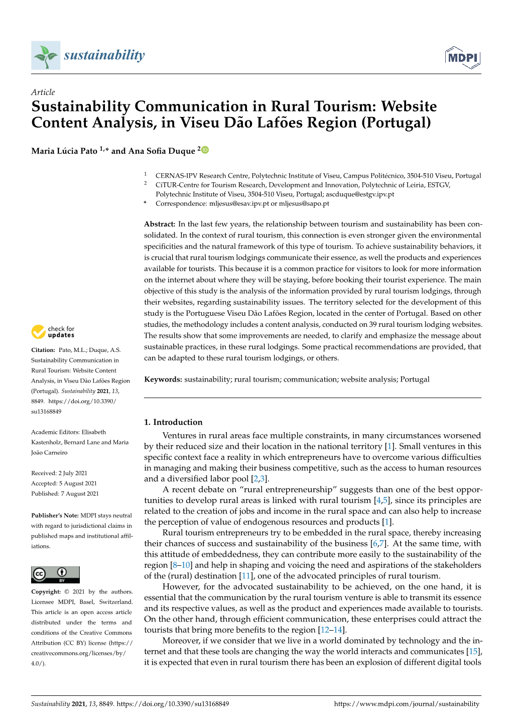 Sustainability Communication in Rural Tourism: Website Content Analysis, in Viseu Dão Lafões Region (Portugal)