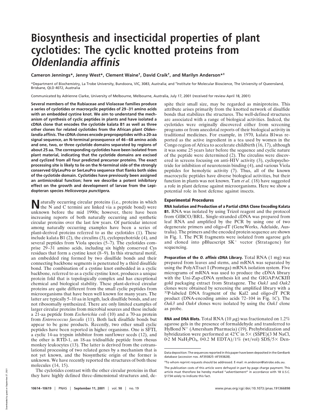 Biosynthesis and Insecticidal Properties of Plant Cyclotides: the Cyclic Knotted Proteins from Oldenlandia Affinis