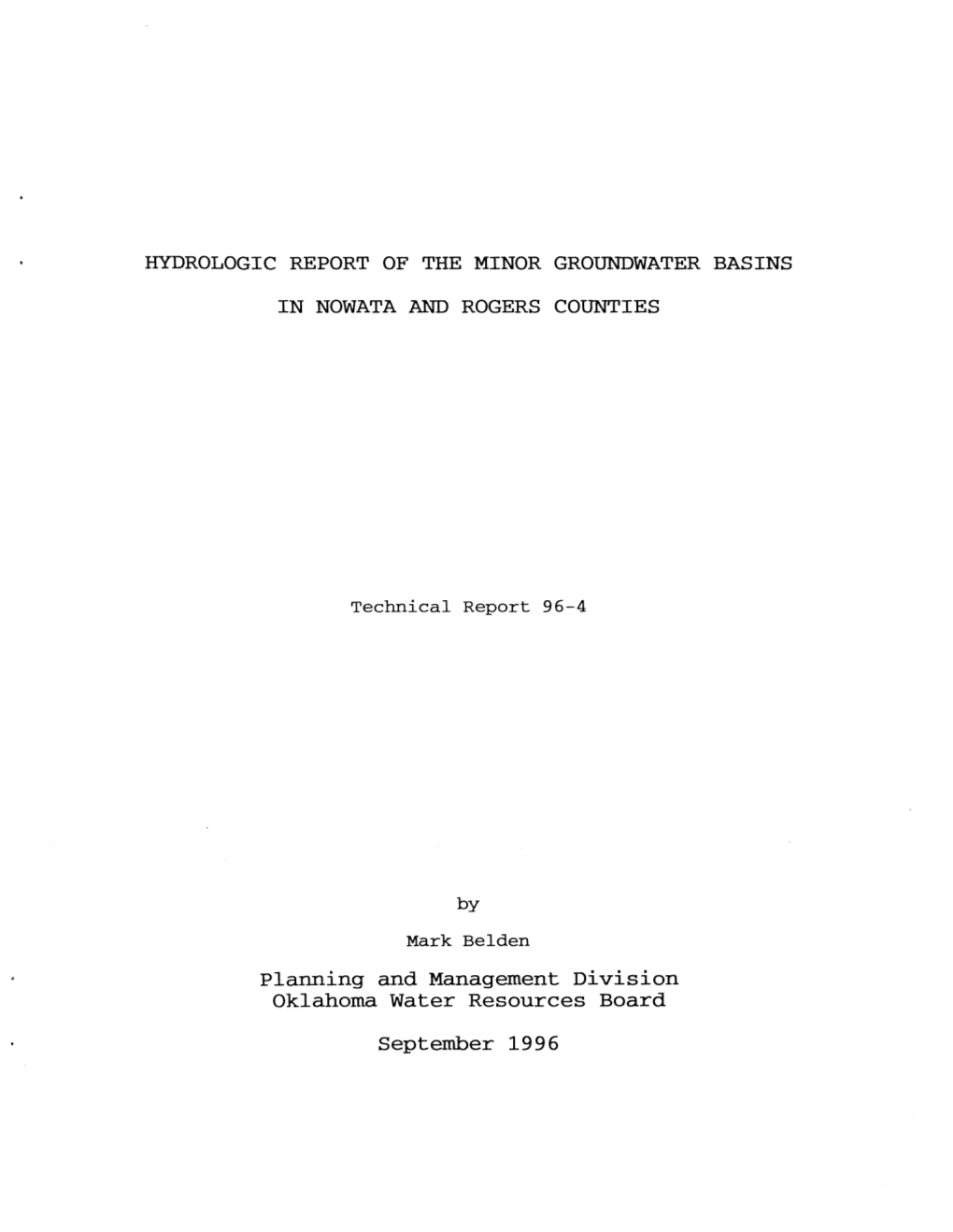 Hydrologic Report of the Minor Groundwater Basins in Nowata And