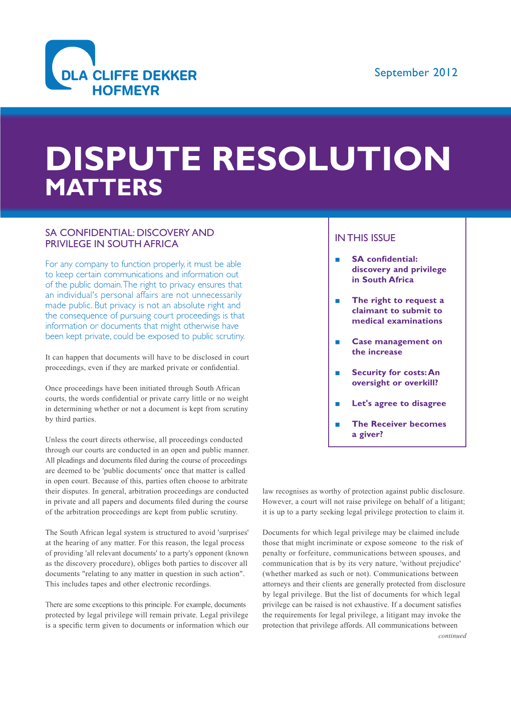 Dispute Resolution Matters September