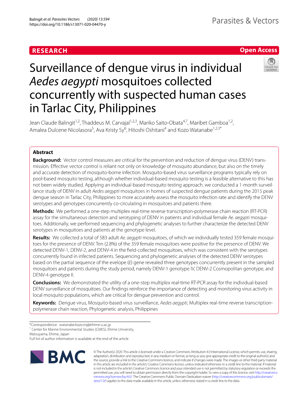 Surveillance of Dengue Virus in Individual Aedes Aegypti