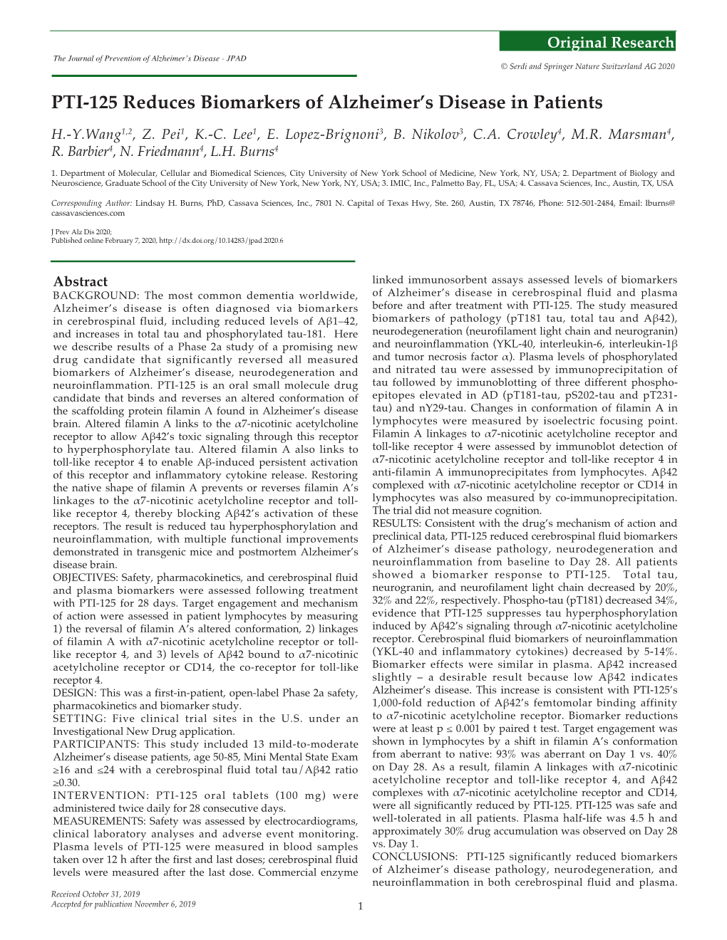 PTI-125 Reduces Biomarkers of Alzheimer's Disease in Patients