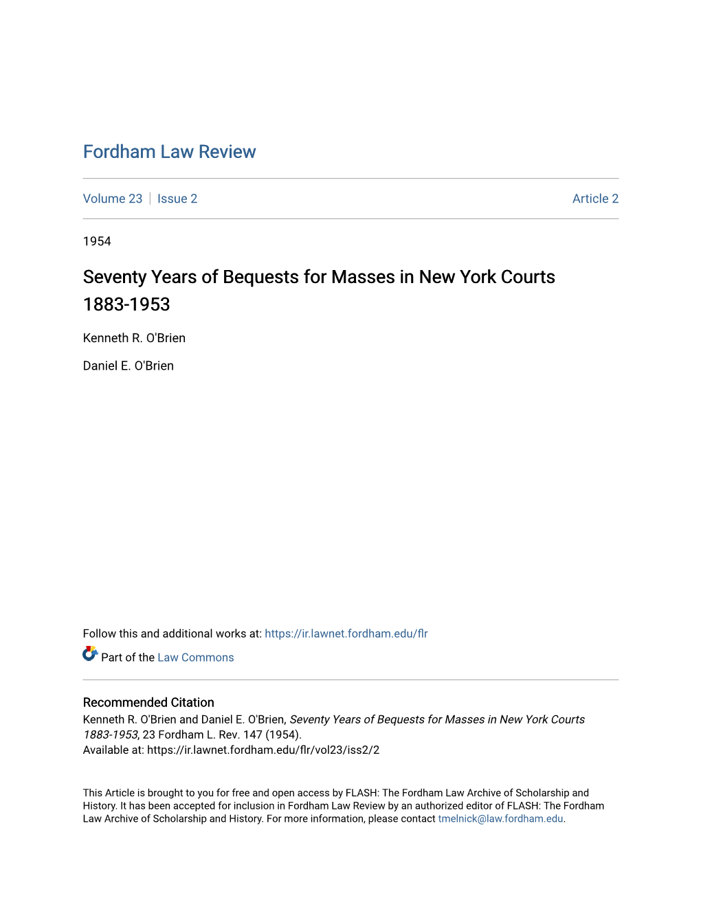 Seventy Years of Bequests for Masses in New York Courts 1883-1953