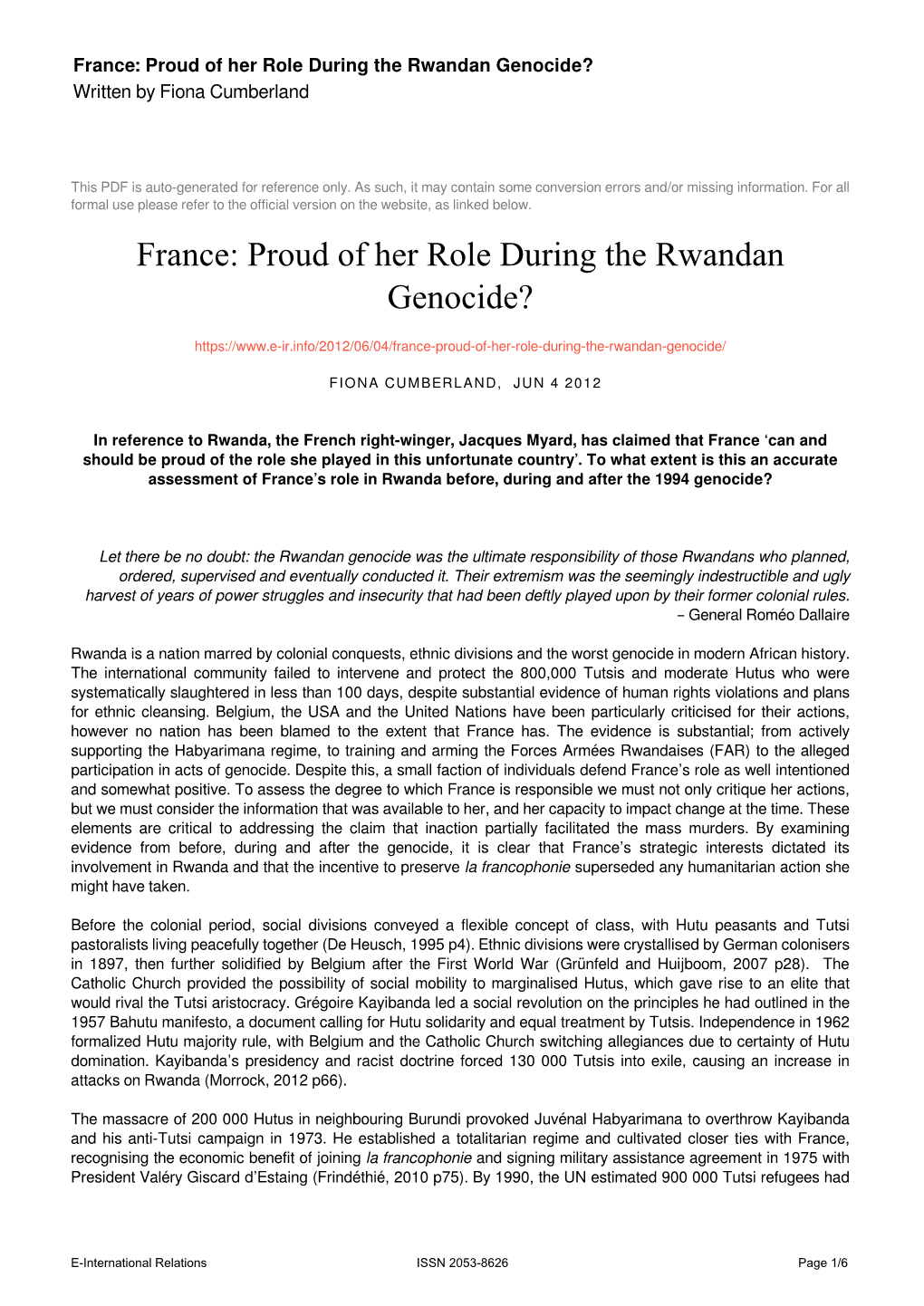 France: Proud of Her Role During the Rwandan Genocide? Written by Fiona Cumberland