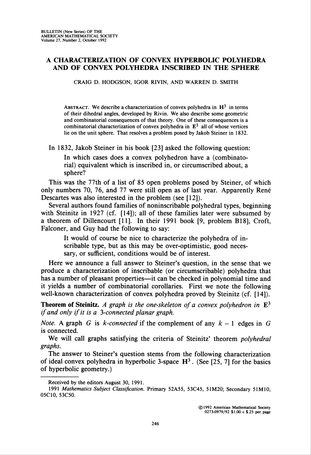 A Characterization of Convex Hyperbolic Polyhedra and of Convex Polyhedra Inscribed in the Sphere