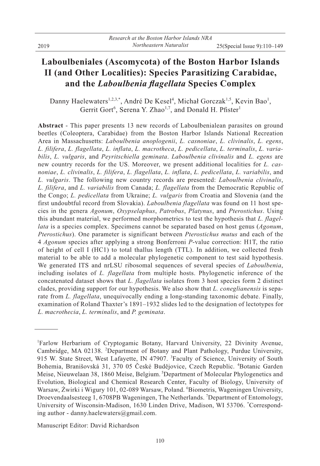 Laboulbeniales (Ascomycota) of the Boston Harbor Islands II (And Other Localities): Species Parasitizing Carabidae, and the Laboulbenia Flagellata Species Complex
