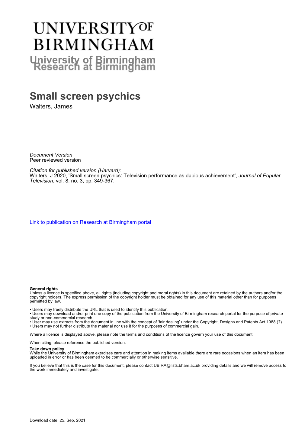 University of Birmingham Small Screen Psychics