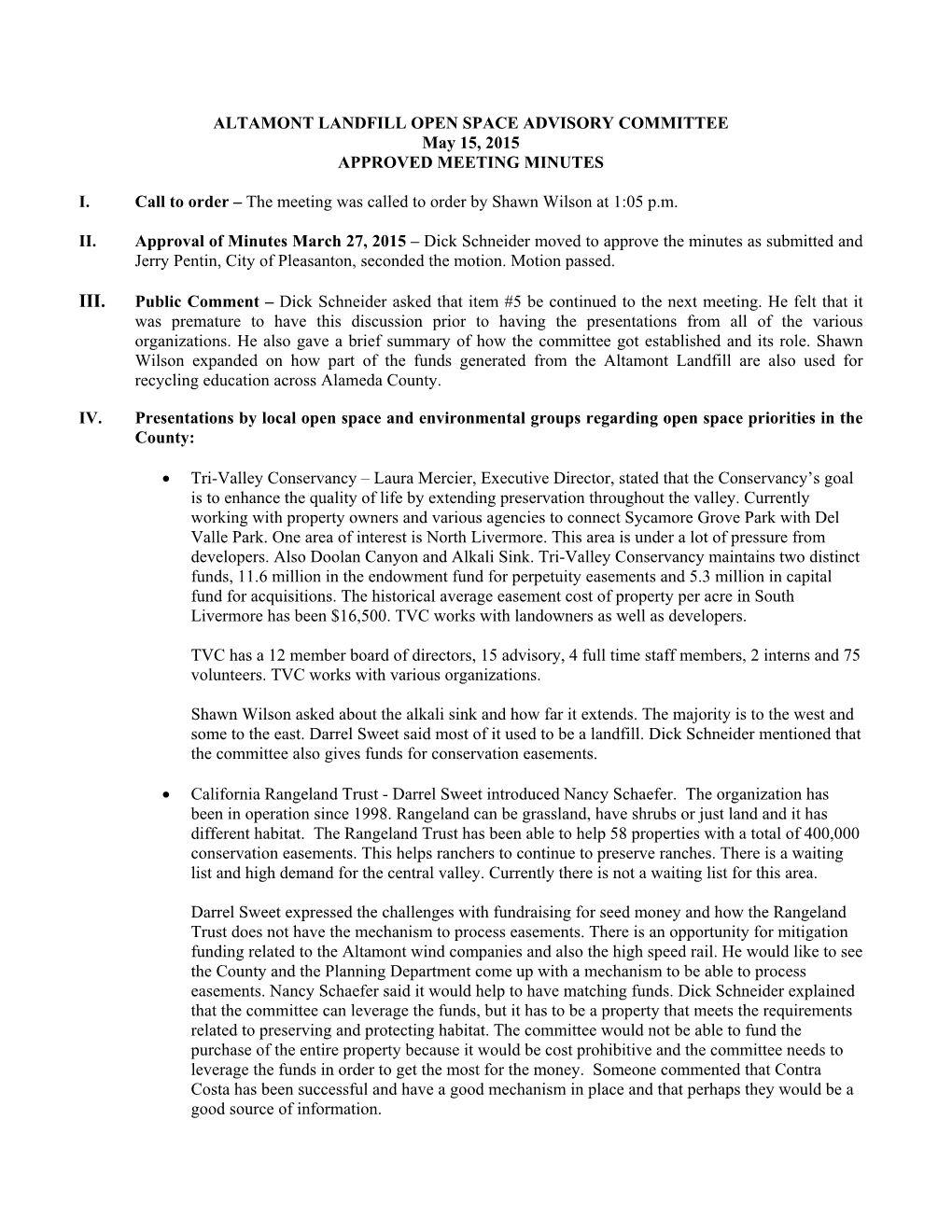 ALTAMONT LANDFILL OPEN SPACE ADVISORY COMMITTEE May 15, 2015 APPROVED MEETING MINUTES