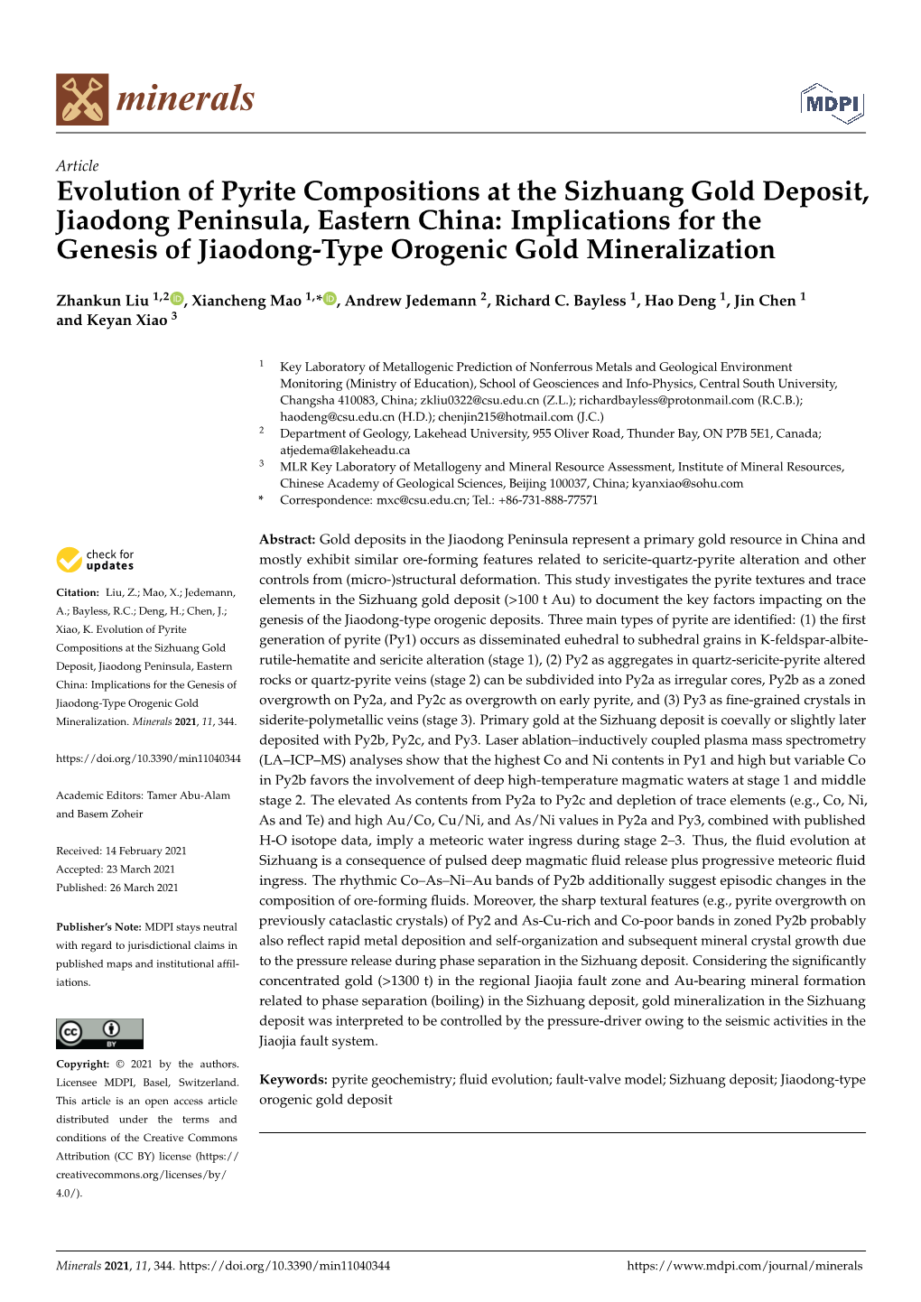 Evolution of Pyrite Compositions at the Sizhuang Gold Deposit