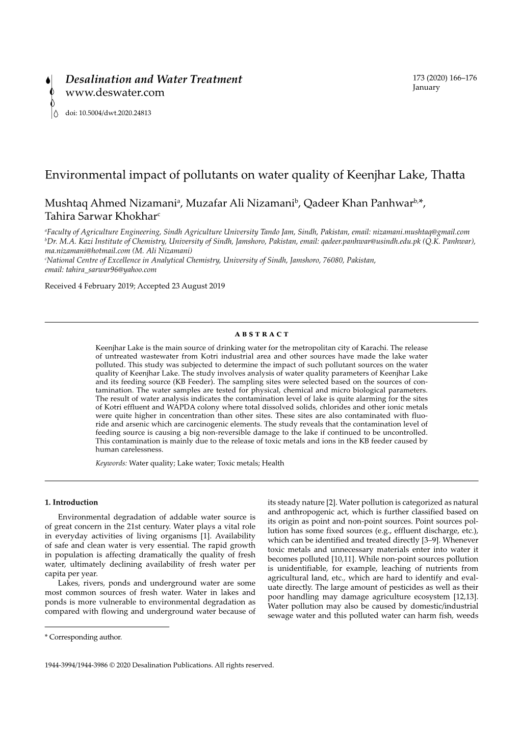 Environmental Impact of Pollutants on Water Quality of Keenjhar Lake, Thatta