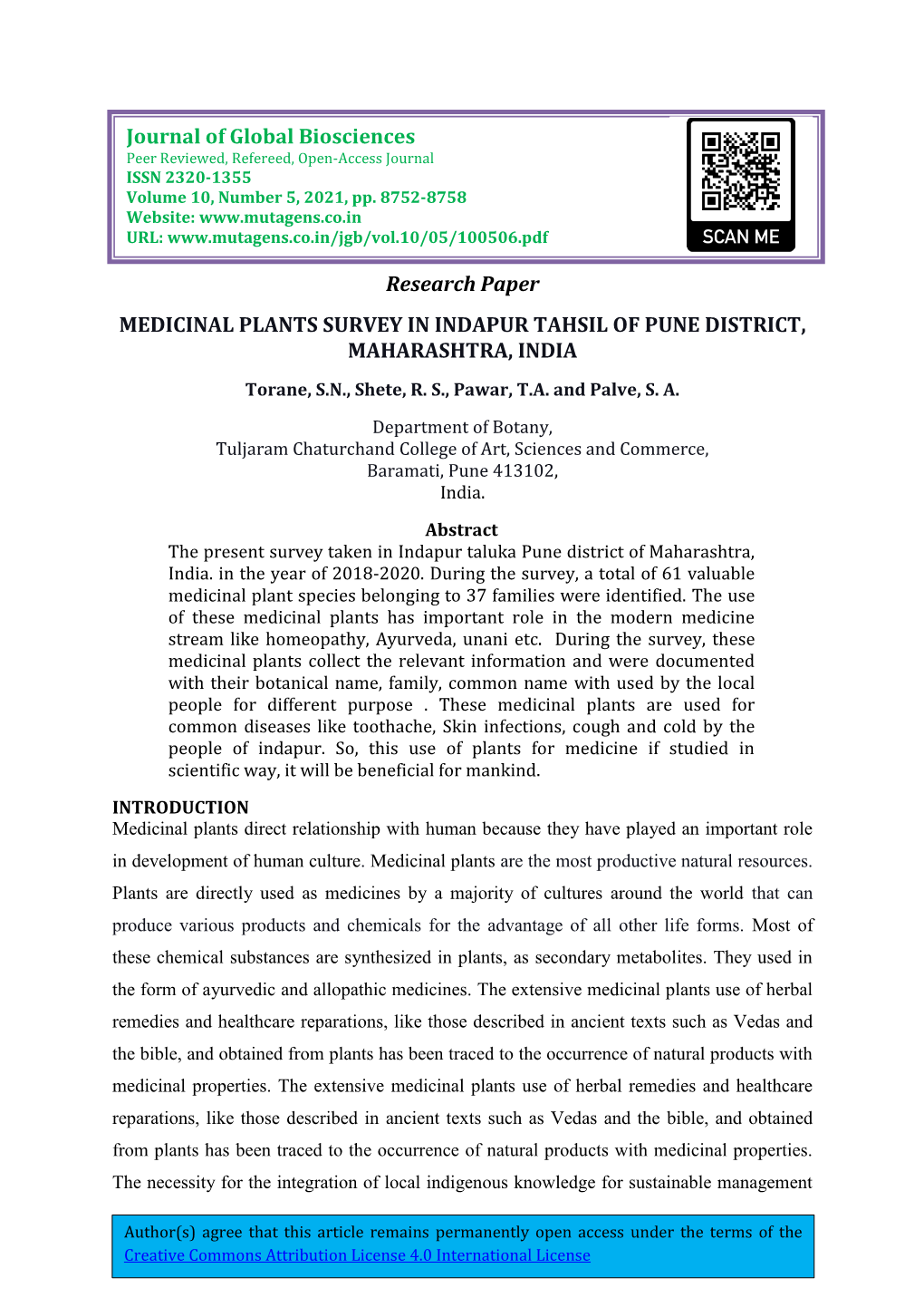 Research Paper MEDICINAL PLANTS SURVEY in INDAPUR TAHSIL of PUNE DISTRICT, MAHARASHTRA, INDIA Journal of Global Biosciences