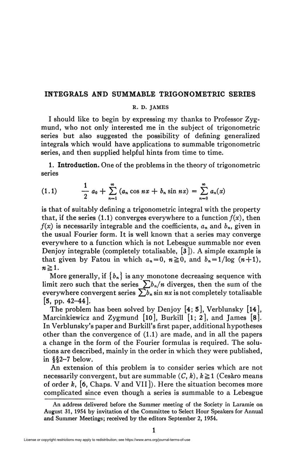 Integrals and Summable Trigonometric Series R