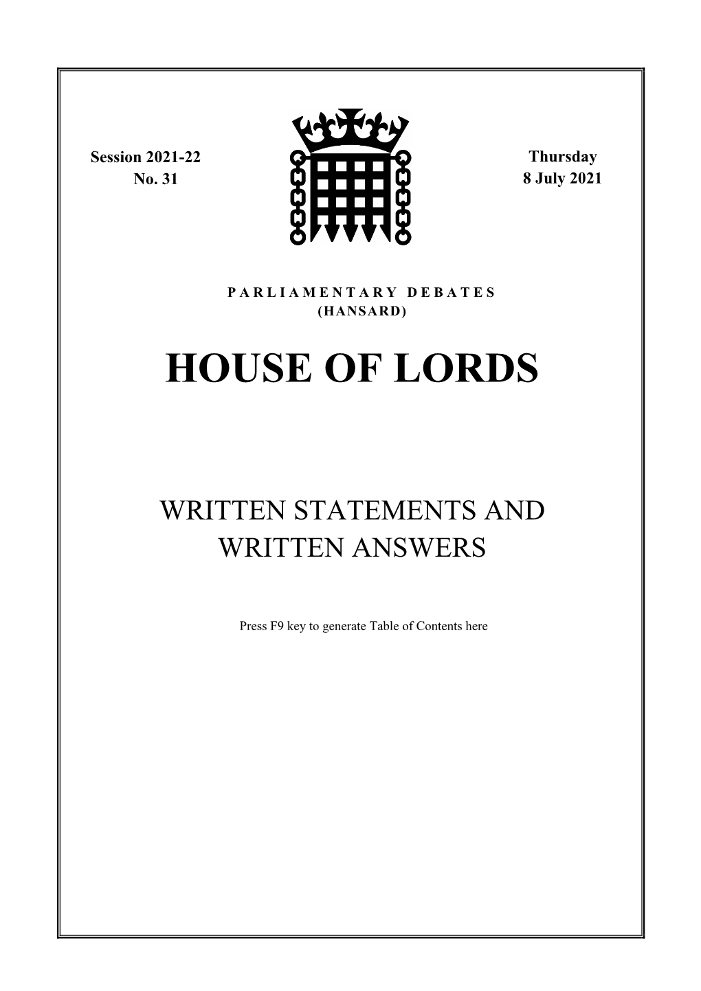 House of Lords Written Answers and Statements