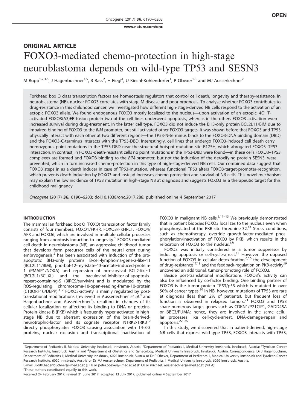 FOXO3-Mediated Chemo-Protection in High-Stage Neuroblastoma Depends on Wild-Type TP53 and SESN3