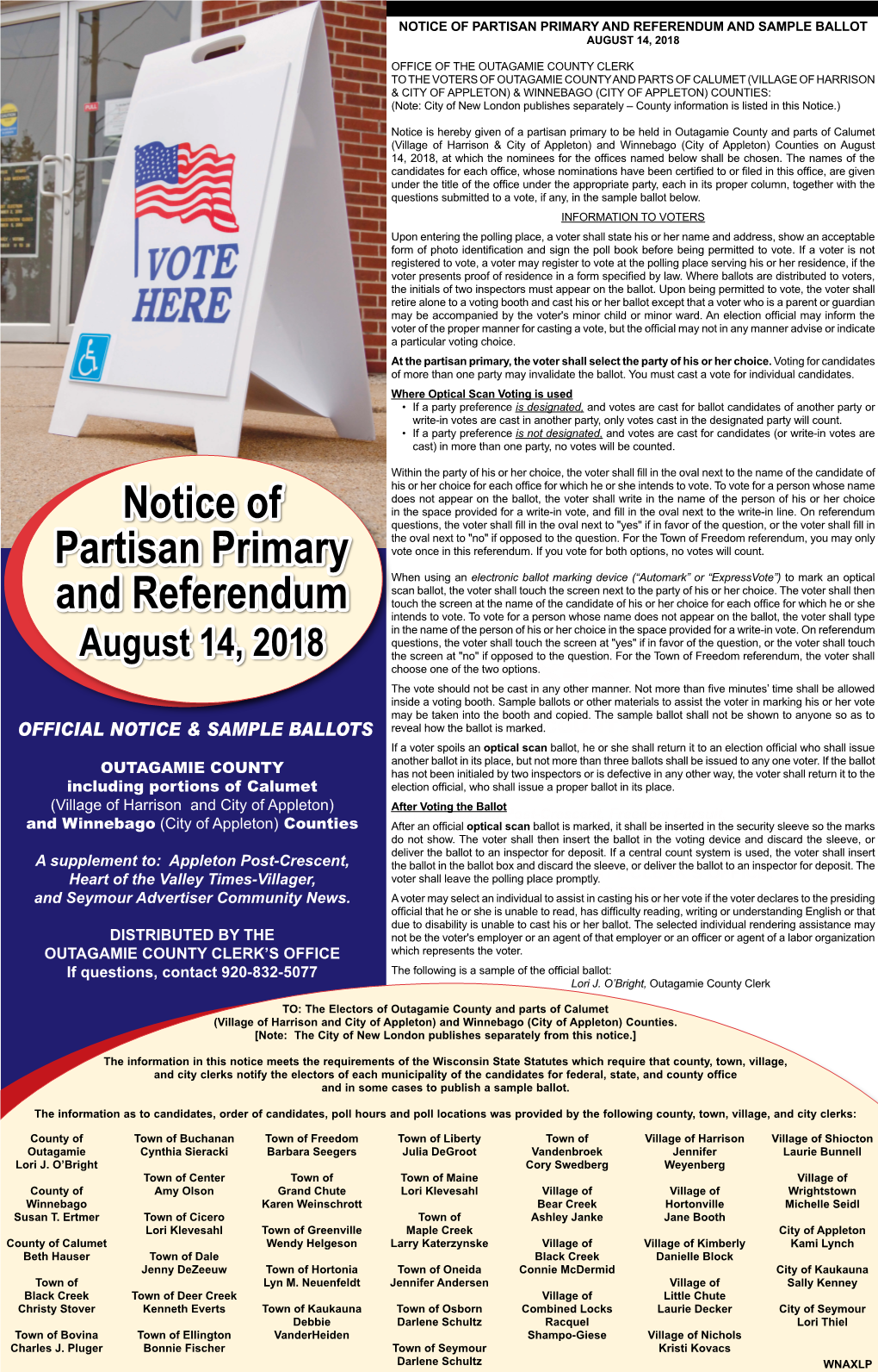 Notice of Partisan Primary and Referendum and Sample Ballot August 14, 2018