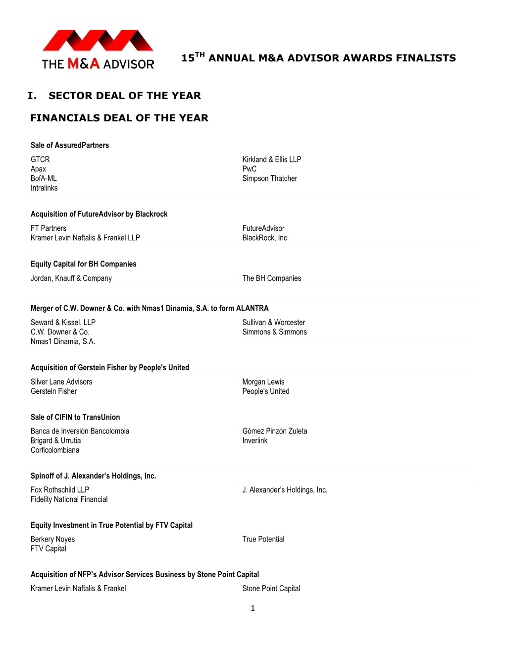 15Th Annual M&A Advisor Awards Finalists I. Sector Deal of the Year Financials Deal of the Year