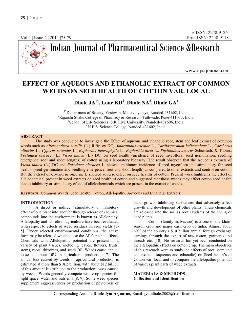 Indian Journal of Pharmaceutical Science &Research