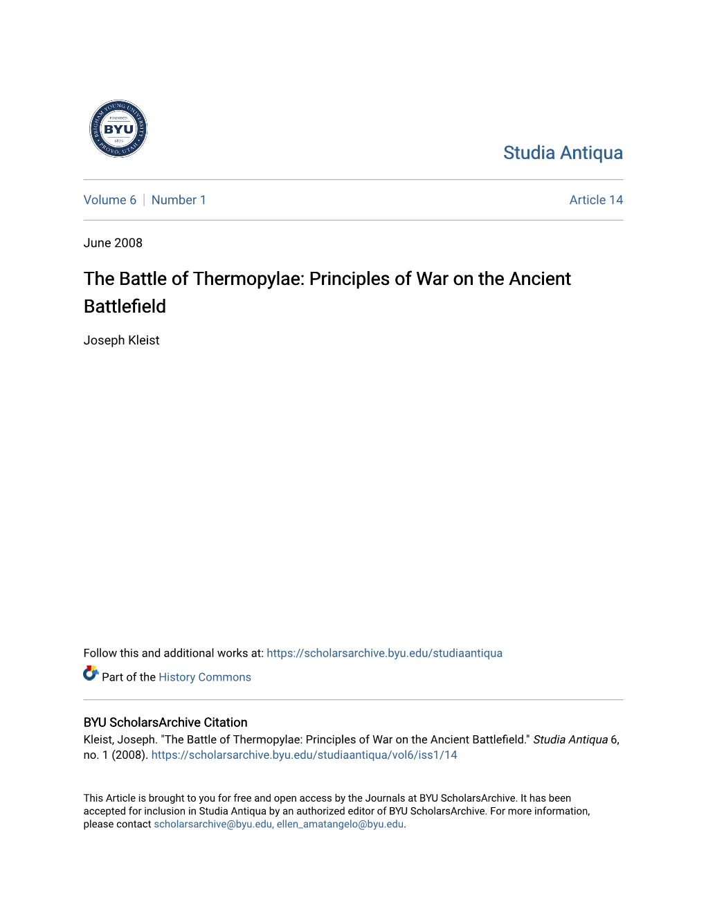 The Battle of Thermopylae: Principles of War on the Ancient Battlefield