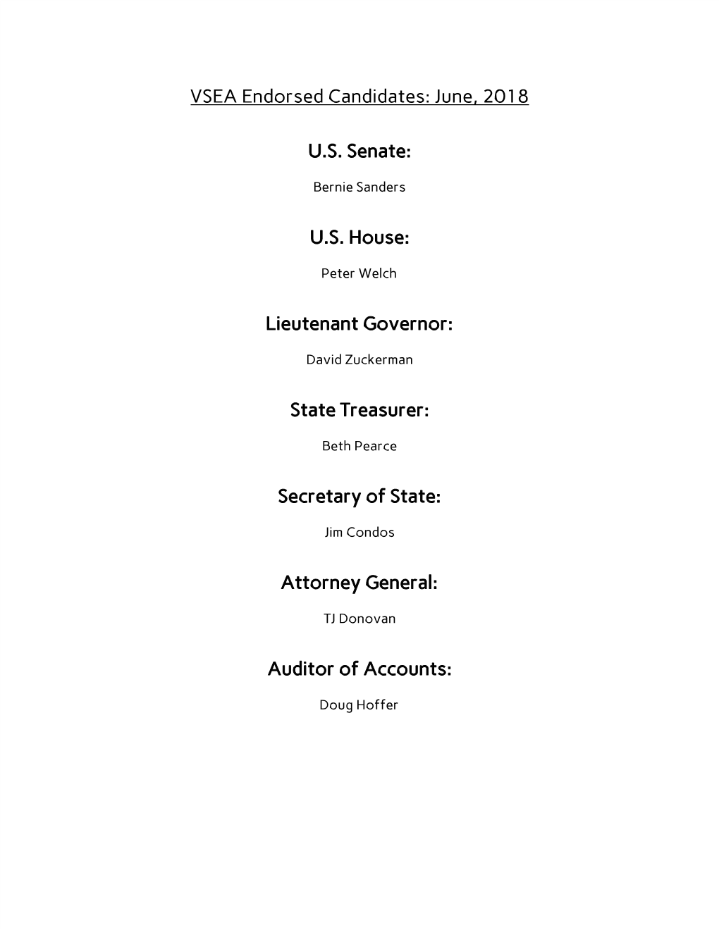 VSEA Endorsed Candidates: June, 2018 U.S. Senate: U.S. House