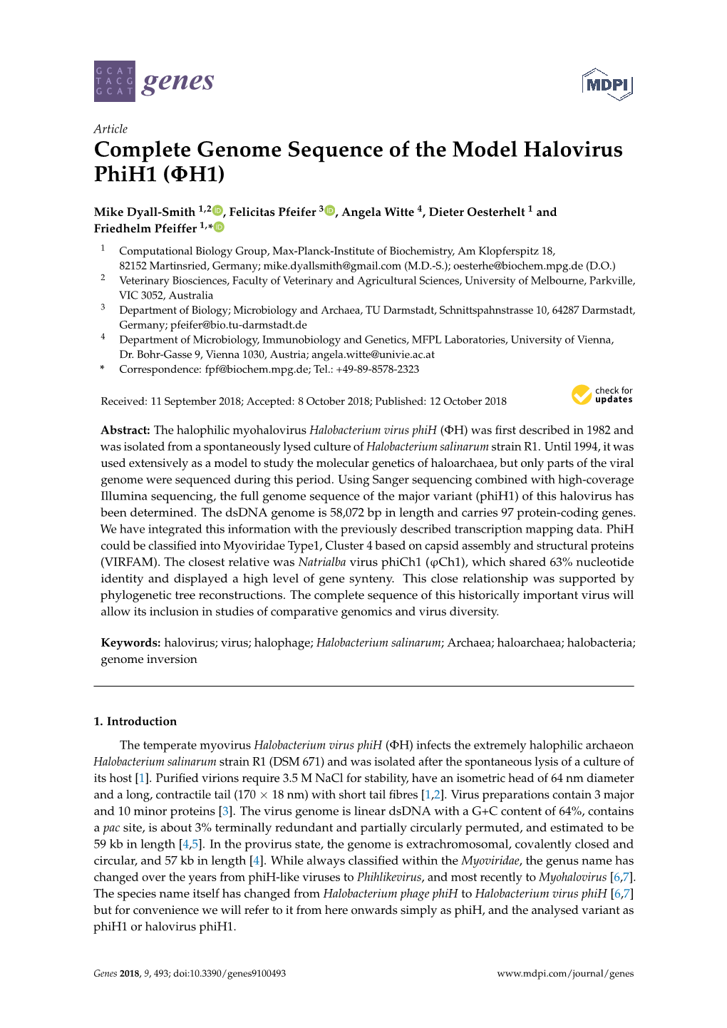 Complete Genome Sequence of the Model Halovirus Phih1 (ΦH1)